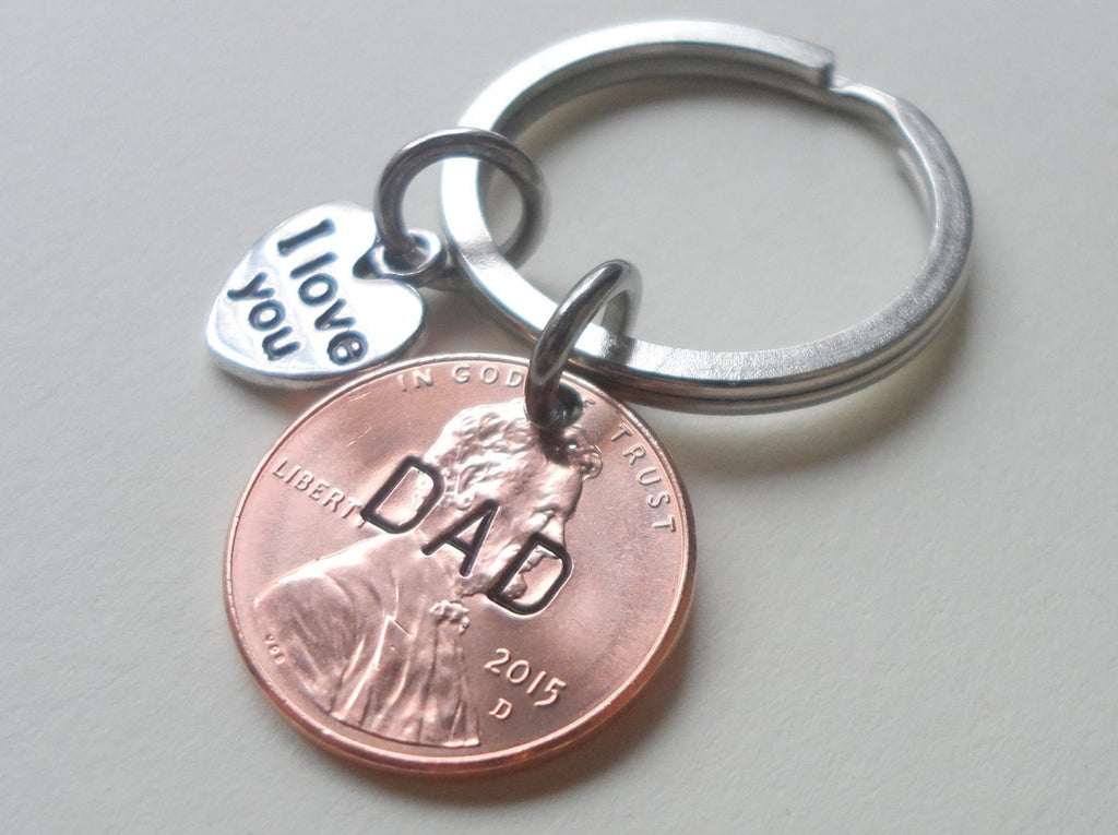Dad Stamped on 2015 Penny Keychain, with I Love You Heart Charm, Father's Day Gift