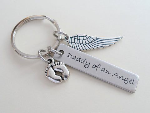 Baby Memorial Keychain • Engraved "Daddy of an Angel" w/ Baby Feet & Wings Charm | Jewelry Everyday