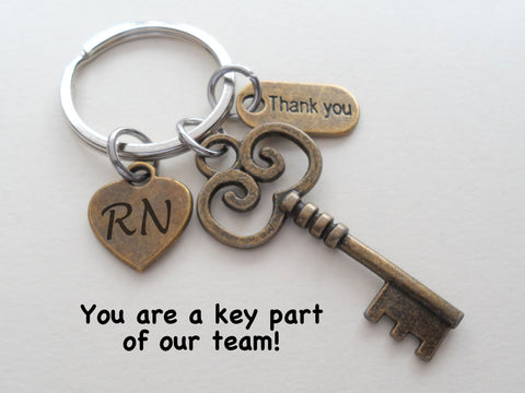 Registered Nurse Keychain with RN Heart, Bronze Key and Thank You Charm, Nurse Appreciation Keychain