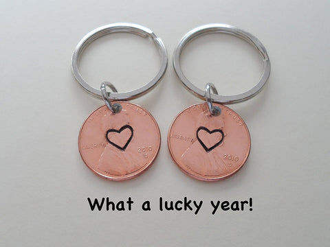 Double 2010 Penny Keychains, Centered Heart Stamped; 12 Year Anniversary Gift
