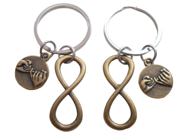 Double Bronze Pinky Promise Charm and Infinity Charm Keychains; Couple Keychains, Best Friends Keychains