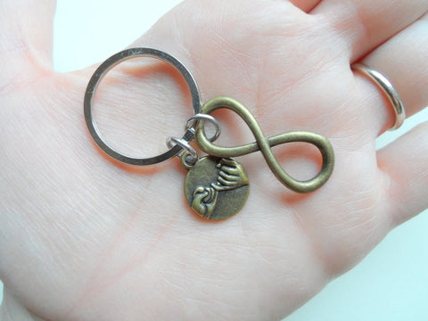 Double Bronze Pinky Promise Charm and Infinity Charm Keychains; Couple Keychains, Best Friends Keychains