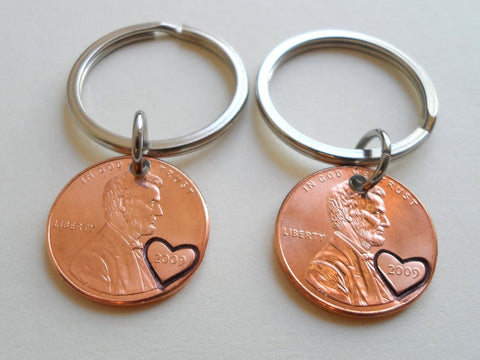 Double 2009 Penny keychain Set, 13 Year Anniversary Gift with Heart Engraved on Year.