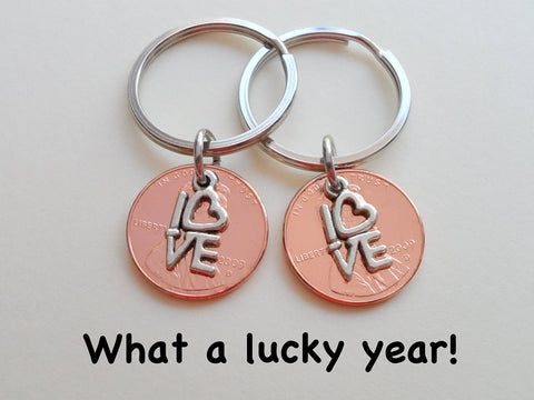 Double Keychain Set 2009 Penny Keychains with Love Charm; 13 Year Anniversary Gift, Couples Keychain