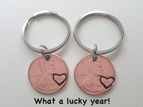 Double Keychain Set 2017 Penny Keychains with Heart Around Year - 7 Year Anniversary, Couples Keychain