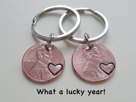 Double Keychain Set 2018 US One Cent Penny Keychains with Heart Around Year; 6-year Anniversary Gift, Couples Keychain