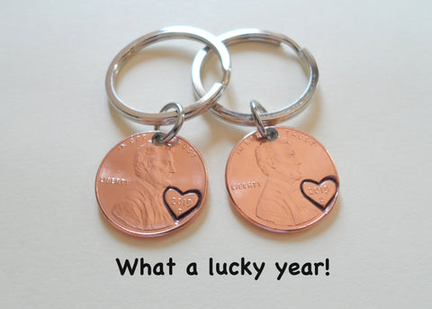 Double Keychain Set 2019 US One Cent Penny Keychains with Heart Around Year; 5-year Anniversary Gift, Couples Keychain