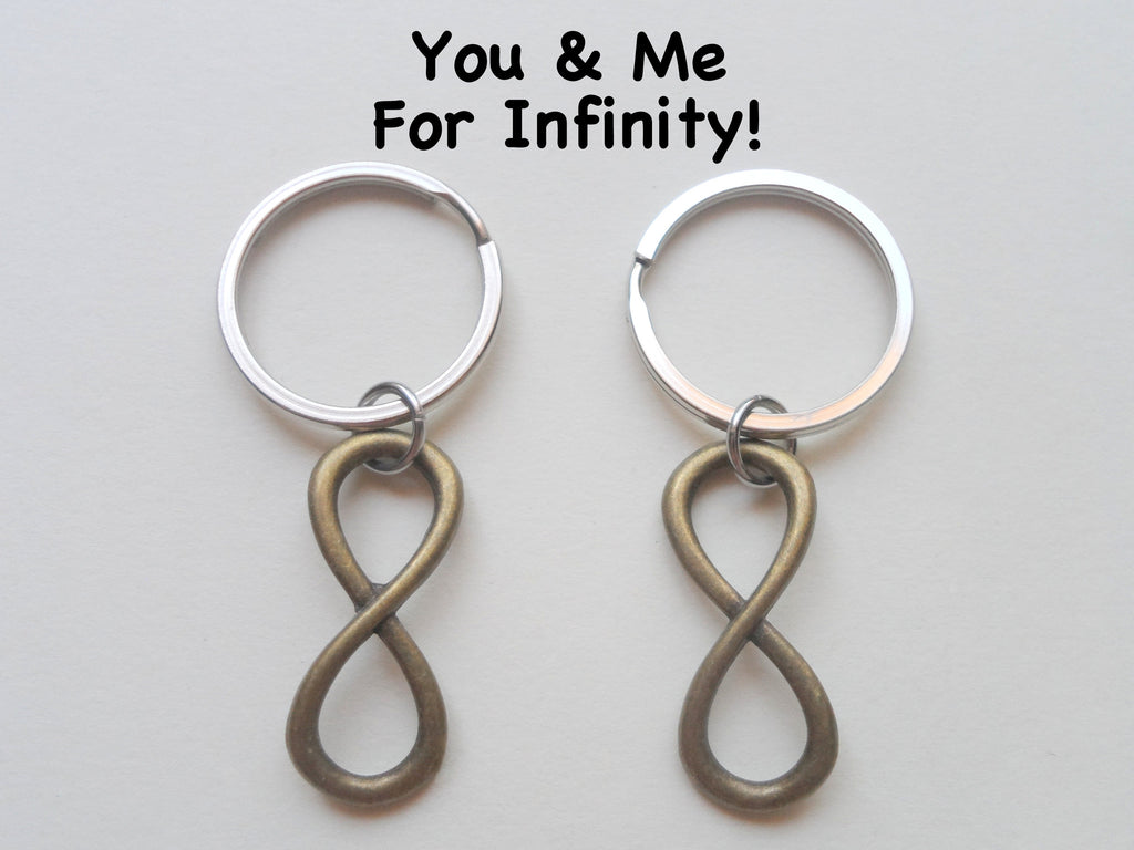 Double Keychain Set Bronze Infinity Symbol Keychain - You and Me for Infinity; Couples Keychain Set, Custom Engraved Tag Option