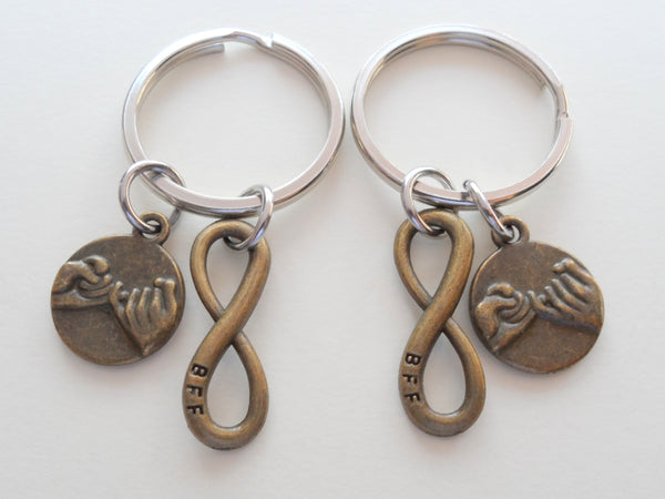 Double Bronze Pinky Promise Charm and BFF Infinity Charm Keychains; Couple Keychains, Best Friends Keychains