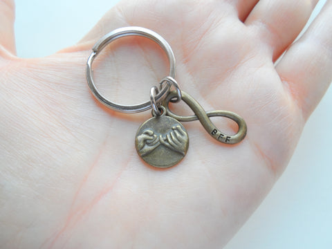 Double Bronze Pinky Promise Charm and BFF Infinity Charm Keychains; Couple Keychains, Best Friends Keychains