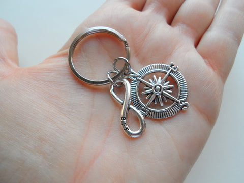 Double Keychain Set, Compass & BFF Infinity Charm Keychains, Best Friend Gift