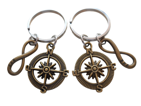 Double Keychain Set, Bronze Compass & BFF Infinity Charm Keychains, Best Friend Gift