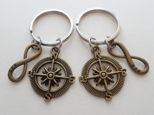 Double Keychain Set, Bronze Compass & BFF Infinity Charm Keychains, Best Friend Gift