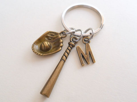 Custom Bronze Baseball Keychain with Baseball Glove & Baseball Bat Charm , Softball or Baseball Player Gift