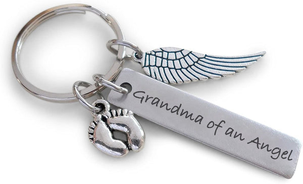 Grandma of an Angel Engraved Keychain, Baby Memorial Keychain, Wing Charm and Baby Feet Charm