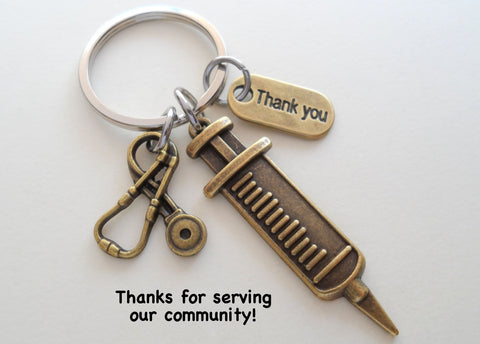 Bronze Syringe & Stethoscope Charm Keychain, Nurse Gift, Hospital Staff Appreciation Gift, Medical Team Gift, Thank You Gift