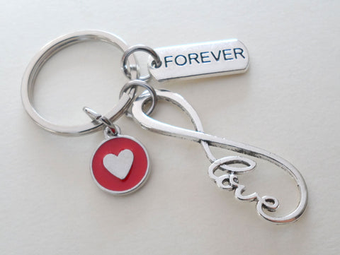 Infinity Love Symbol Keychain with Forever Tag & Red Heart Charm- You & Me For Infinity; Couples Keychain