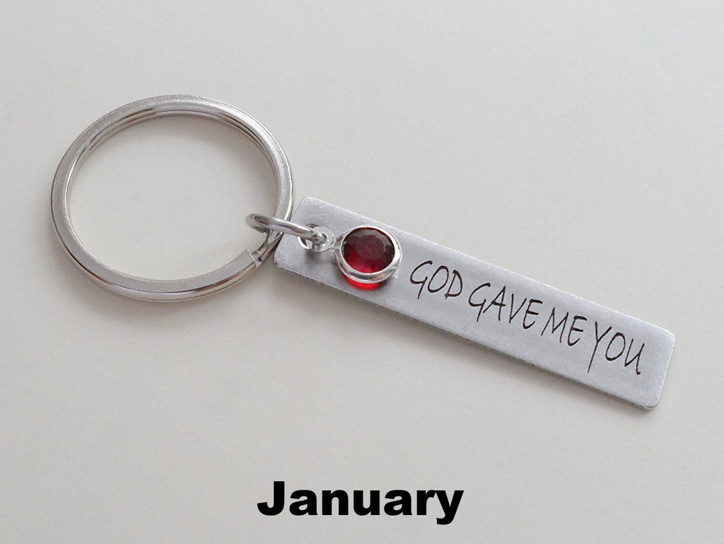 Engraved "God Gave Me You" Stainless Steel Tag Keychain with Birthstone Charm
