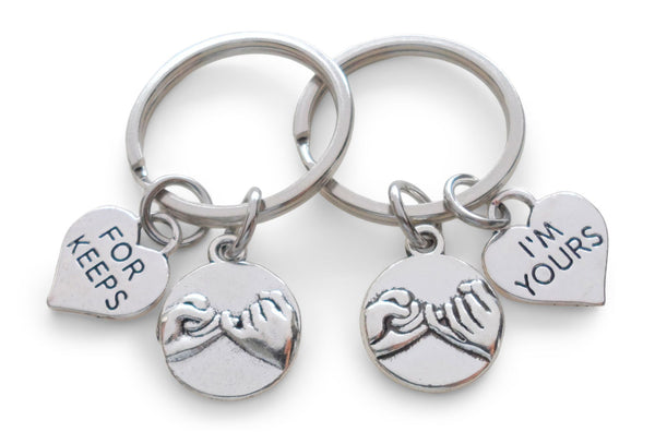 Double Pinky Promise Charm Keychains with I'm Yours and For Keeps Heart Charms; Couple Keychains, Promise Gift