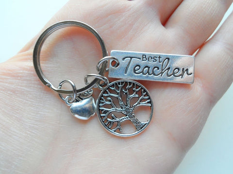 Best Teacher Tag, Small Tree, and Apple Charm Keychain Teacher Appreciation Gift - Thanks for Helping Me Grow