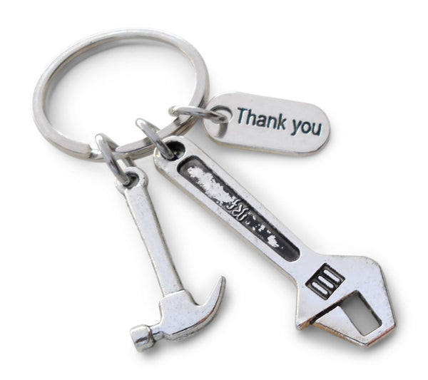 Wrench & Hammer Charm Keychain with Thank You Tag, Mechanic, Plumber, Auto Repair Shop Employee, Handyman Appreciation Keychain