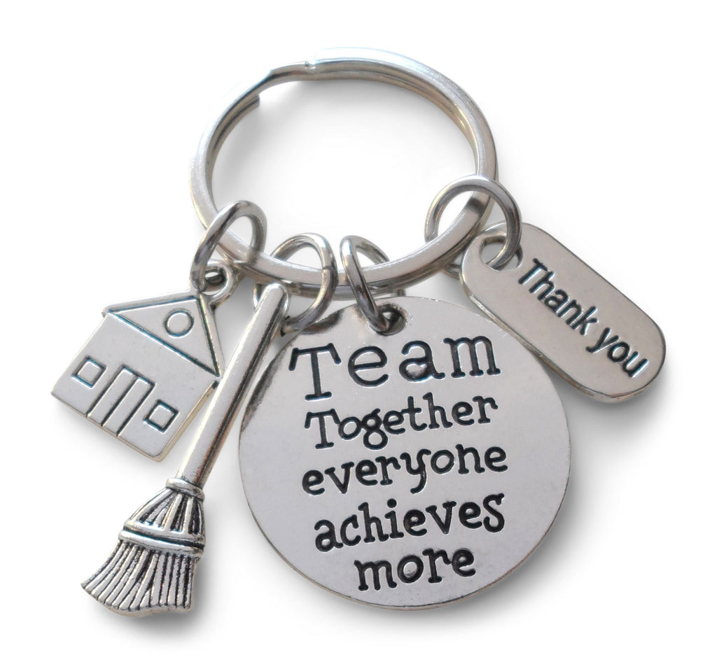 Housekeeping Appreciation Keychain; Team Disc Charm, Broom, House, & Thank You Charm Keychain