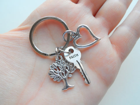 Faith Key, Tree & Heart Keychain, Religious Keychain, Christian Keychain, Belief Keychain