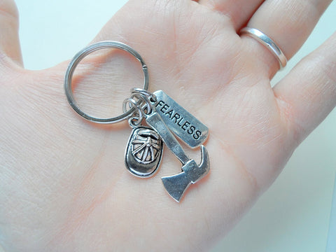 Firefighter Keychain, Firefighter Axe and Hat Charm with a "Fearless" Tag