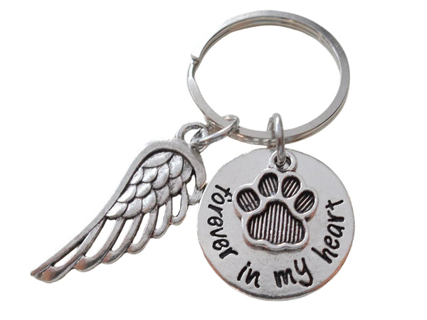 Dog Memorial Keychain • "Forever in my Heart" w/ Cute Paw and Wing Charm | JE