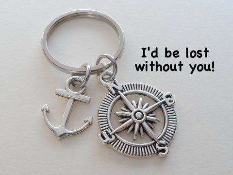 Compass Charm Keychain with Anchor Charm - I'd Be Lost Without You; Couples Keychain