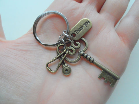 Bronze Key & Stethoscope Charm Keychain, Nurse Gift, Hospital Staff Appreciation Gift, Medical Team Gift, Thank You Gift