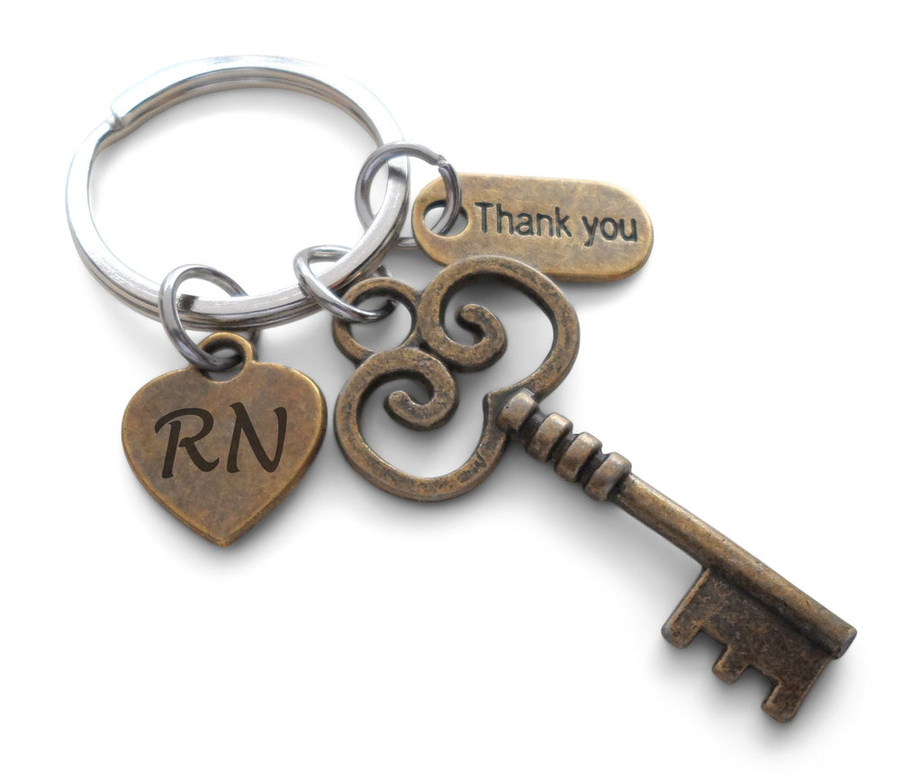 Registered Nurse Keychain with RN Heart, Bronze Key and Thank You Charm, Nurse Appreciation Keychain