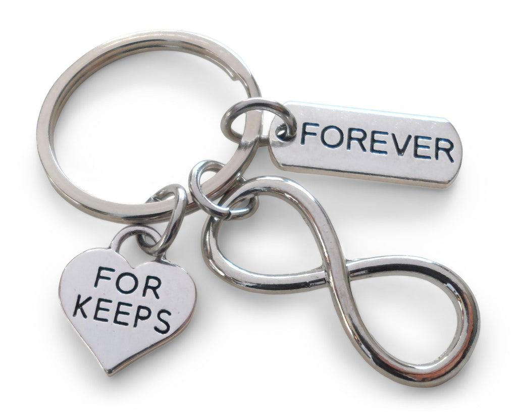Infinity Symbol Keychain with "For Keeps" Heart & Forever Tag Charm; Couples Keychain