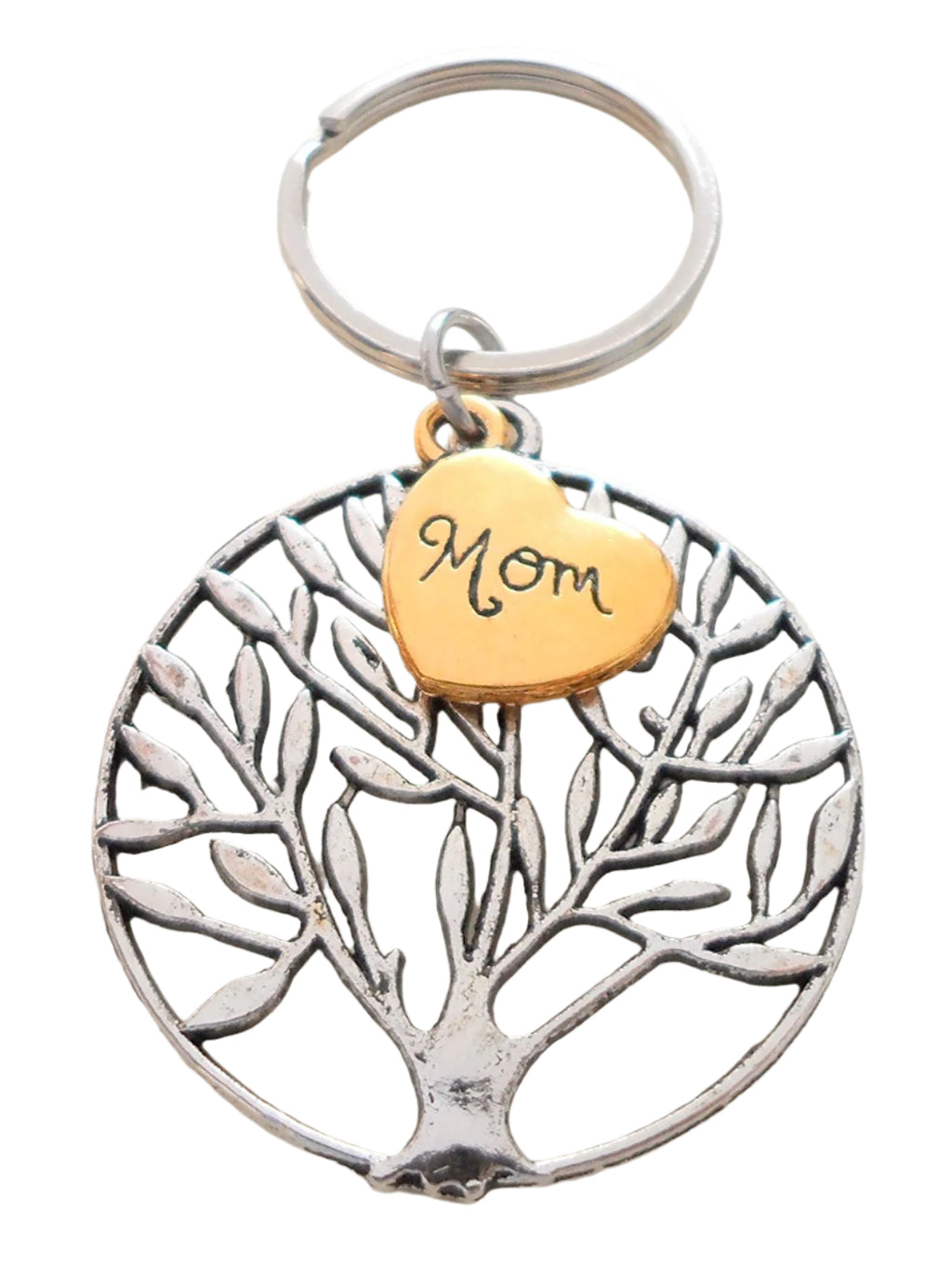 Golden Mom Heart and Tree Charm Keychain, Mom Heart of Gold Keychain