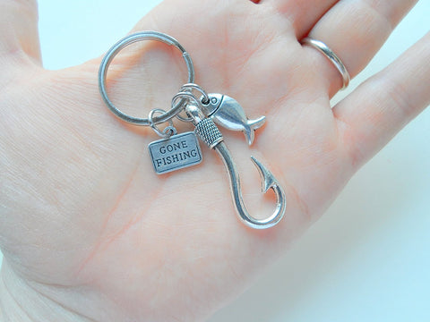 Gone Fishing Fish Hook Keychain with Small Fish Charm