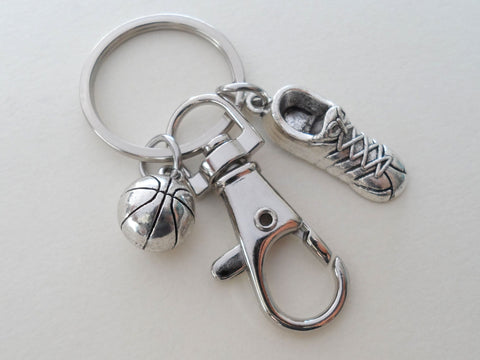 Basketball Charm Keychain with Sneaker Shoe Charm and Swivel Clasp Hook, Basketball Player Keychain