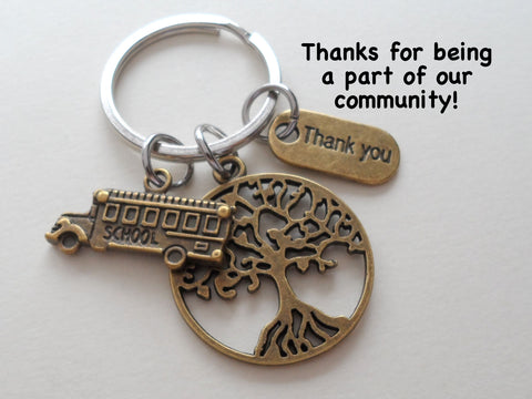 Bus Driver Appreciation Gift Keychain, School Bus Driver Gift, Bronze Bus, Tree & Thank You Charm Keychain