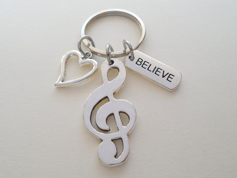 Treble Clef, Believe, & Heart Charm Keychain, Musician Keychain, Music Teacher, School Staff, or Volunteer
