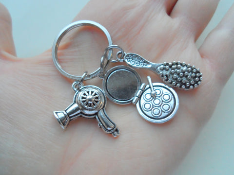 Hair Stylist & Makeup Artist Keychain w/ Brush, Hairdryer & Makeup Charms by JewelryEveryday