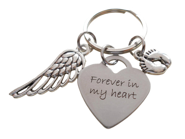 Heart Shaped Forever in My Heart Keychain with Wing and Baby Feet Charm, Baby Loss Memorial Gift