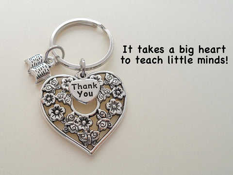 Heart & Book Charm Teacher Keychain - It Takes a Big Heart to Teach Little Minds