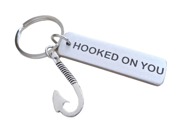 Hook Keychain With "Hooked On You" Engraved Aluminum Tag; Couples Keychain