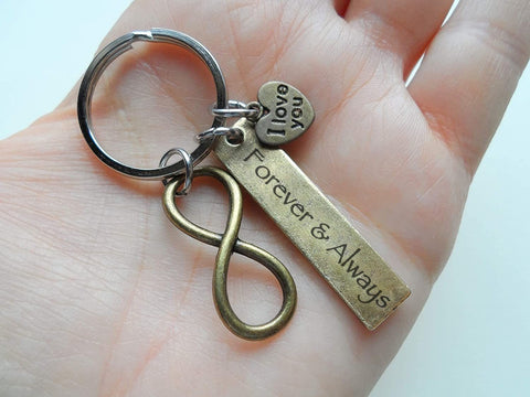 Bronze Infinity Symbol Charm Keychain With I Love You Heart Charm and "Forever & Always" Tag, Anniversary, Valentine's Keychain