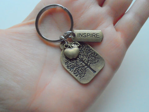 Bronze Tree Tag Charm Keychain Gift, With Inspire Tag & Apple Charm - Thanks for Helping Me Grow