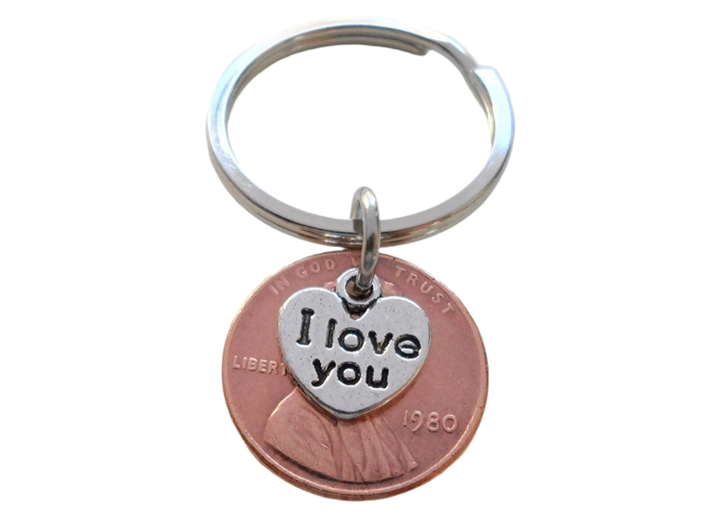 I Love You Heart Charm Layered Over 1980 Penny Keychain; 42 Year Anniversary, Couples Keychain