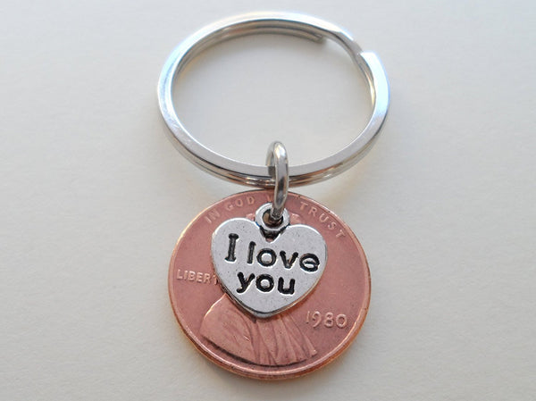 I Love You Heart Charm Layered Over 1980 Penny Keychain; 42 Year Anniversary, Couples Keychain