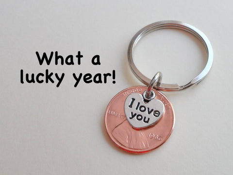 I Love You Heart Charm Layered Over 1986 Penny Keychain; 36 Year Anniversary Gift, Couples Keychain