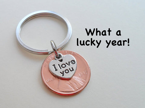 I Love You Heart Charm Layered Over 1987 Penny Keychain; 35 Year Anniversary Gift, Couples Keychain