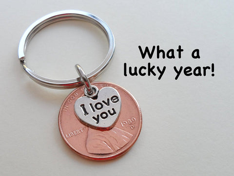 I Love You Heart Charm Layered Over 1989 Penny Keychain; 33 Year Anniversary Gift, Couples Keychain
