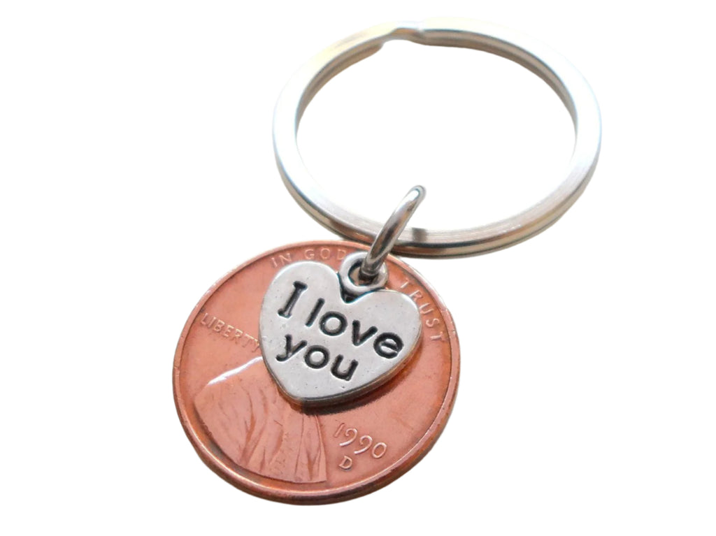 I Love You Heart Charm Layered Over 1990 Penny Keychain; 32 Year Anniversary Gift, Couples Keychain